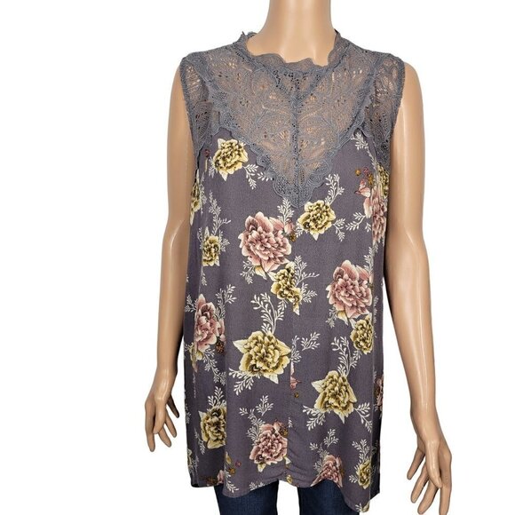 Torrid Women's Lace Mock Neck Floral Flowy Grey Tank Keyhole Back Size 1 (14/16) - Picture 1 of 11